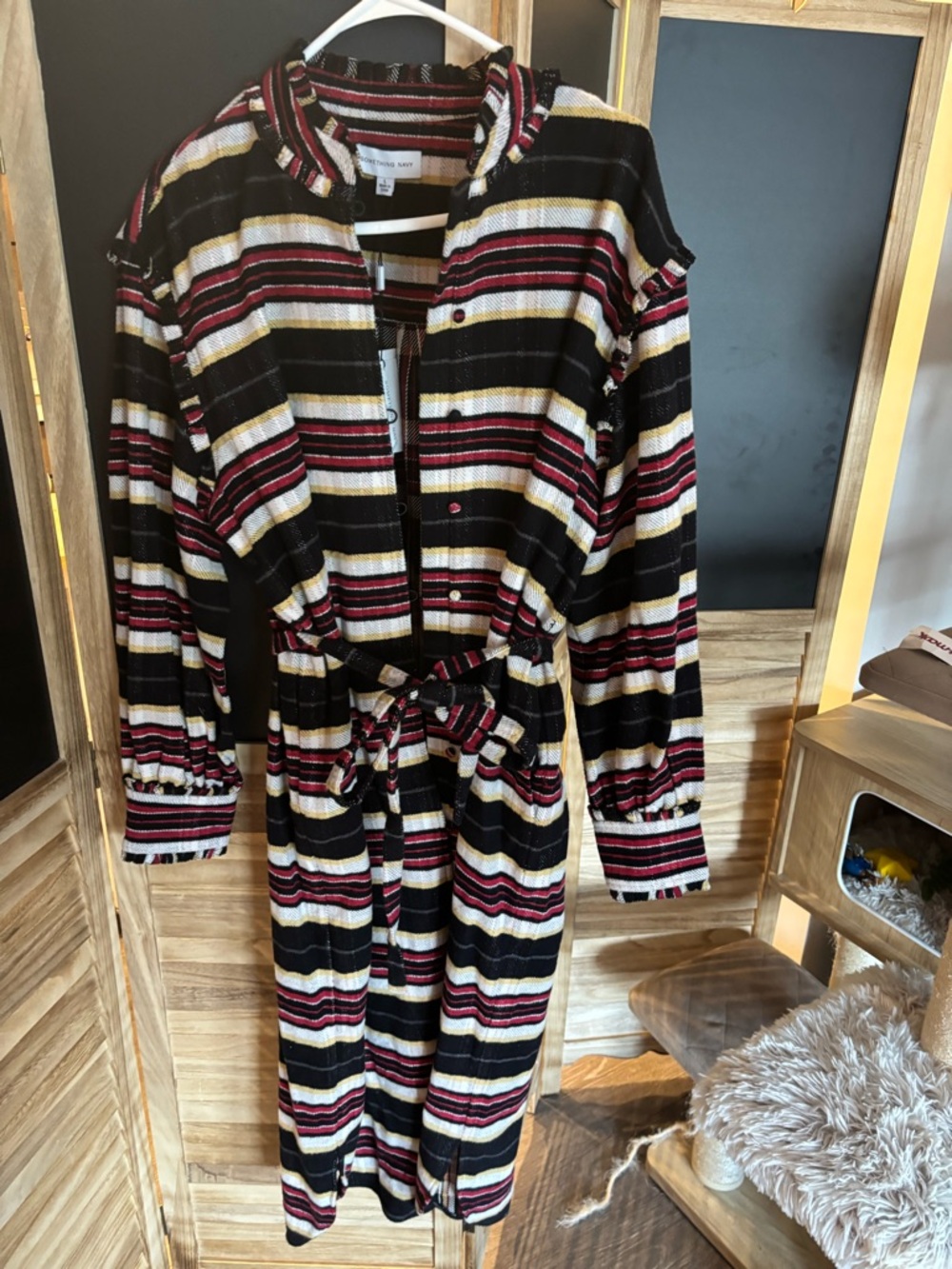 Striped Button-Front Midi Dress with Belt - Black, White & Burgundy